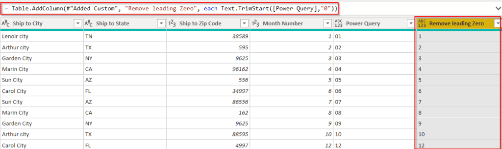 Example of Remove leading zeros in Power BI