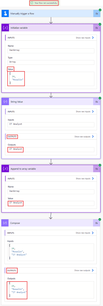 Example to append string value to array in Power Automate