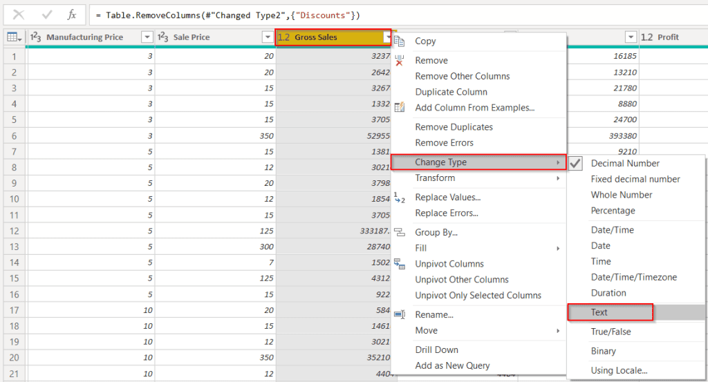 example to convert the number to text in a column in power query