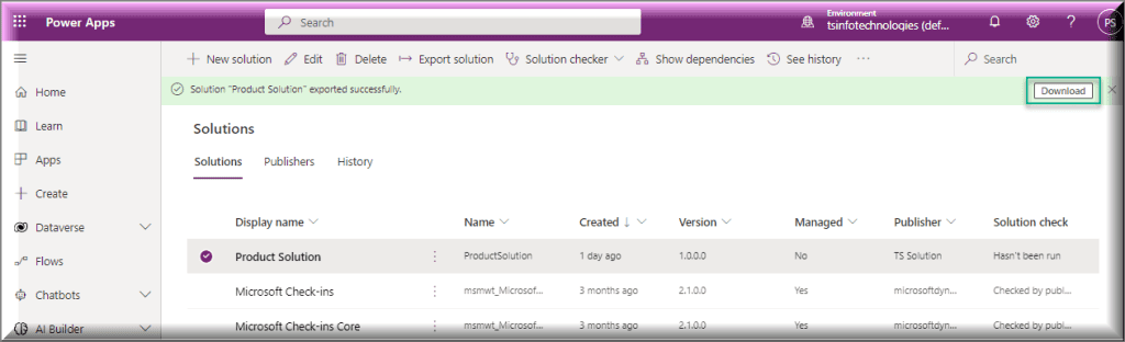 Export Power Apps Dataverse Solution