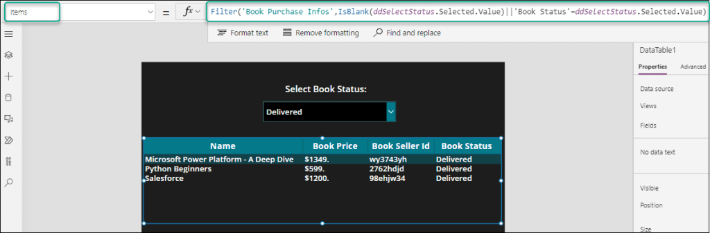 Filter Dataverse Choice Column in Power Apps Datatable