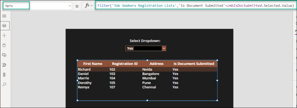 Filter Dataverse Yes No column in Power Apps