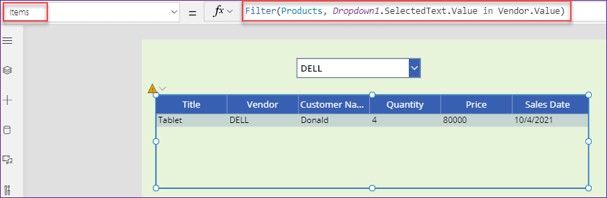 filter Power Apps data table