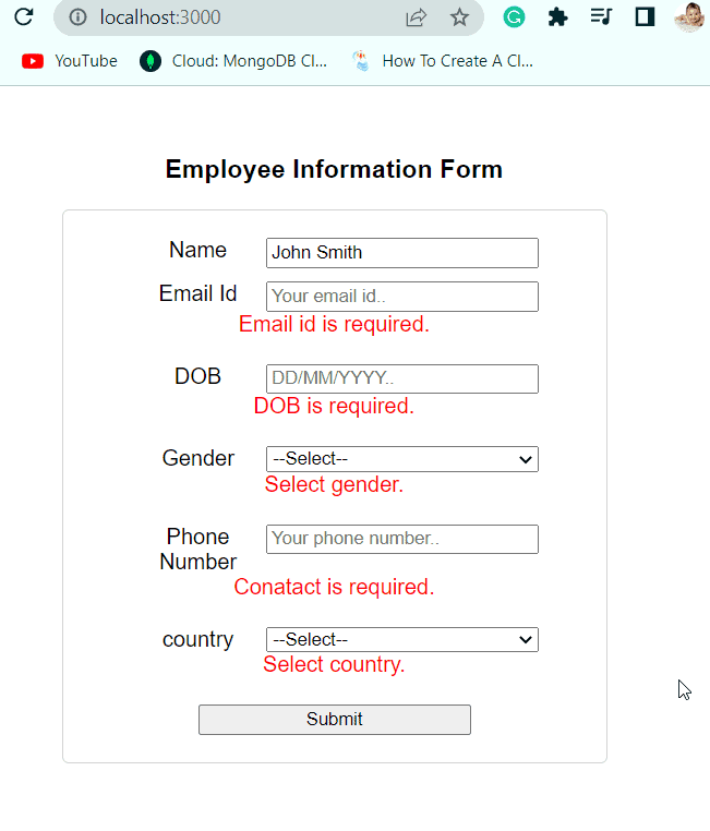 react form validation on submit class component