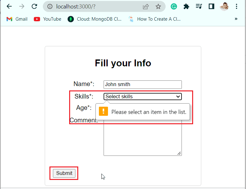 form validation on submit in React