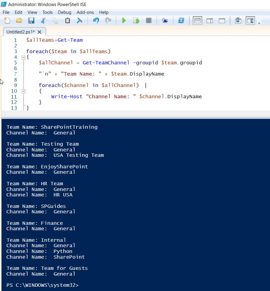 Get all teams and channels using PowerShell