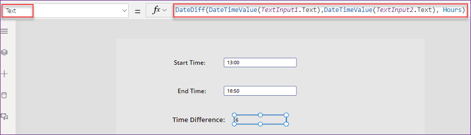 how to calculate time difference in Power Apps