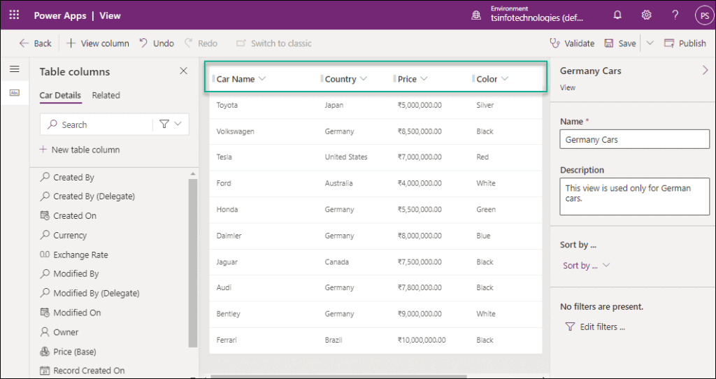 How to create a view in Dataverse table