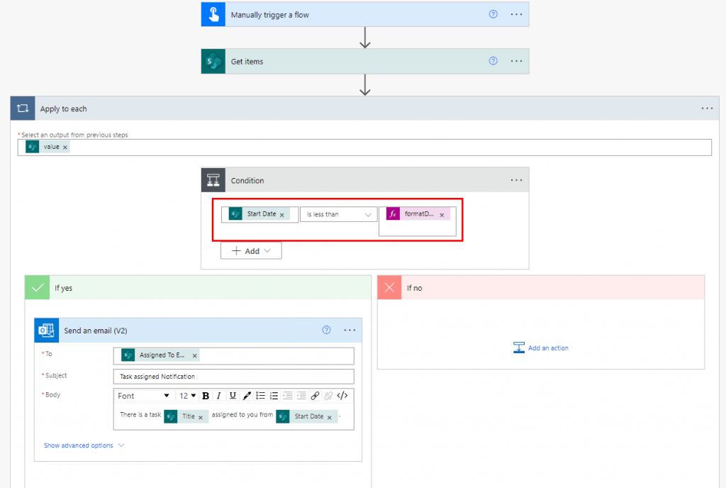 How to check if a date is less than current date in Power Automate