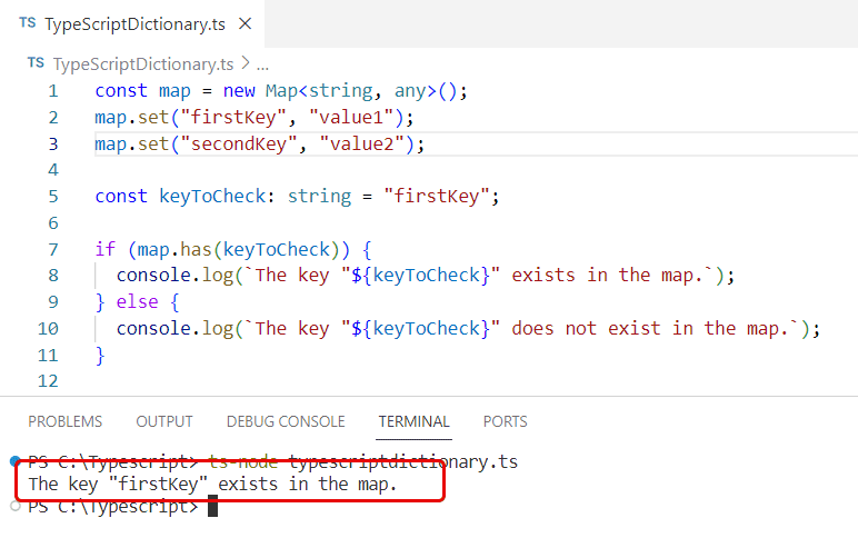 how to check if a key exists in a dictionary in typescript