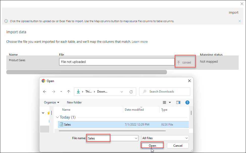 How to create a dataverse custom table from excel