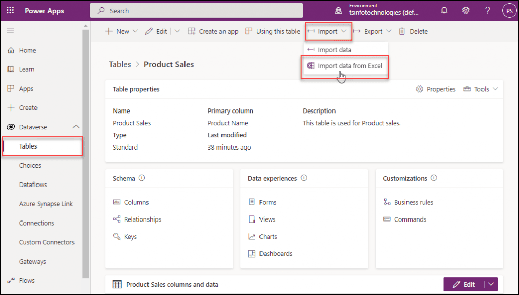 How to create a table from excel in Dataverse