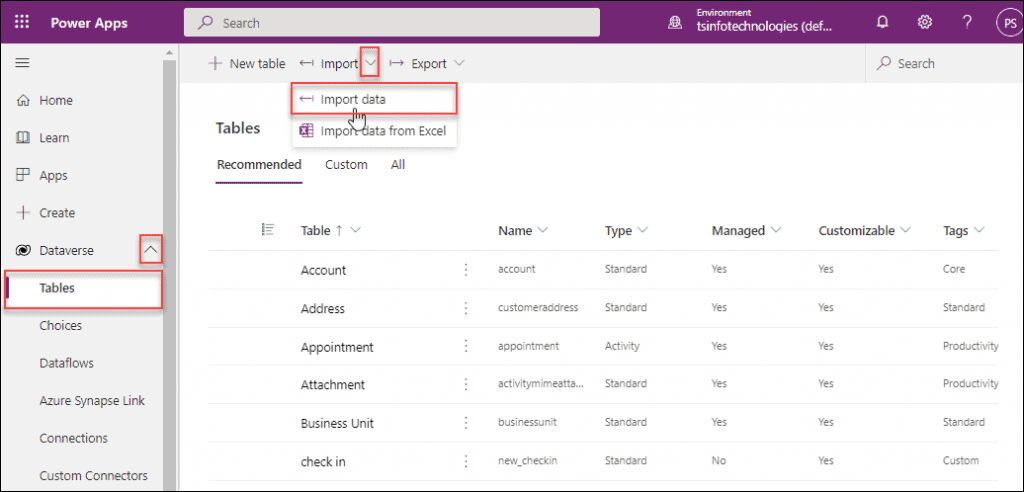 how to create table from excel in dataverse