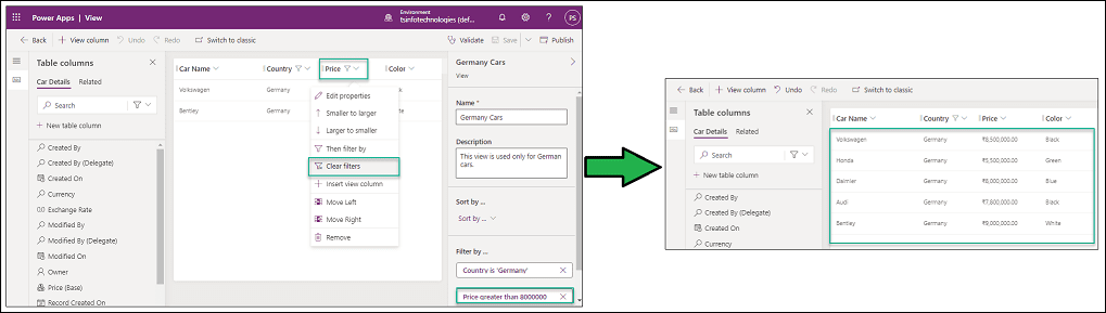 How to filter dataverse view in powerapps