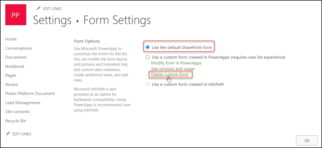 remove power app from sharepoint list