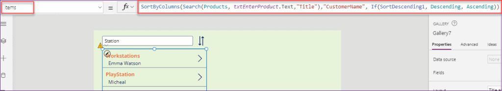 how to search and sort in Power Apps gallery