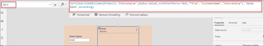 how to search choice column PowerApps