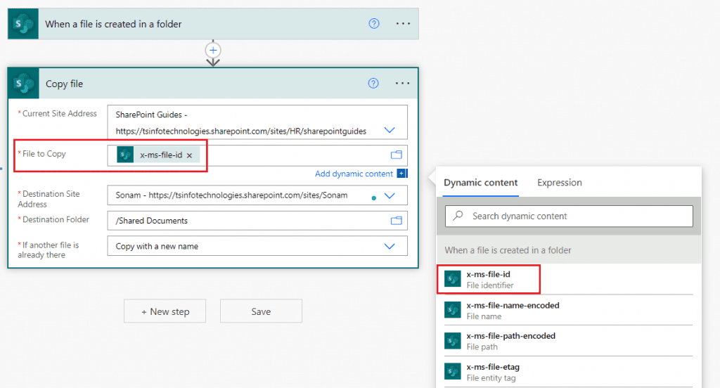 Microsoft flow copy file from SharePoint to SharePoint