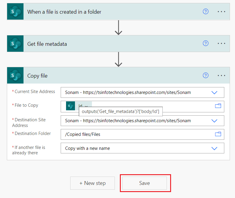 Microsoft flow copy file with metadata