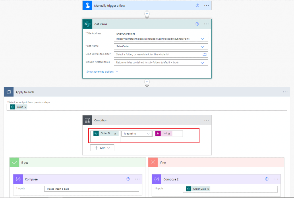 MS Flow to check Date field with NULL value in a SharePoint List