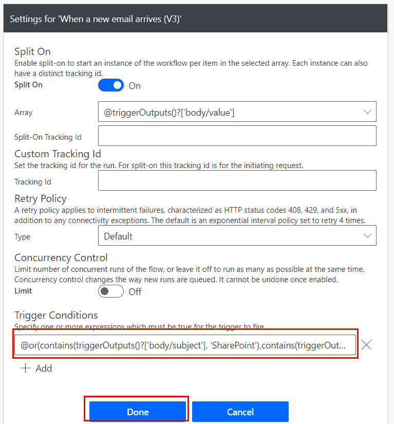 Multiple Conditions on Flow email subject filter