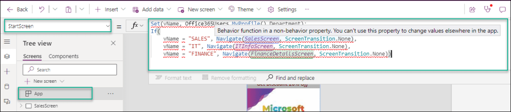 navigate is not permitted in onstart powerapps