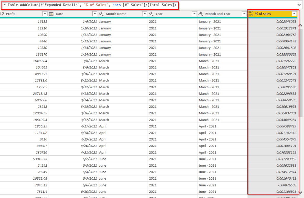 percentage of total by category in Power Query example