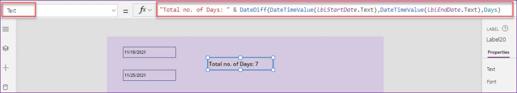 Power Apps calculate days between dates