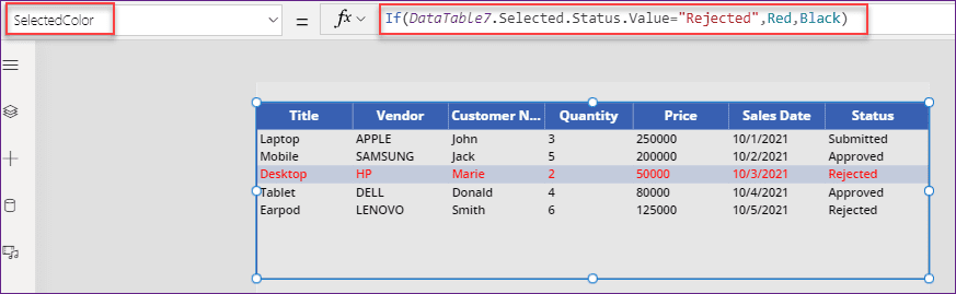 Power Apps data table conditional formatting