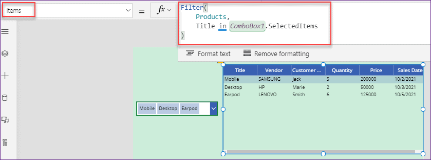 power apps data table filter sharepoint column