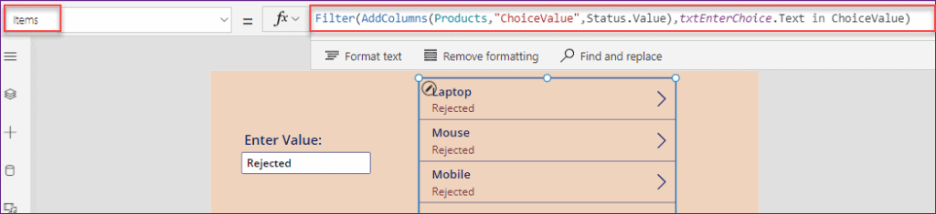 Power Apps search choice column
