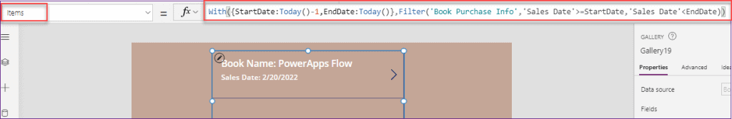 Power Apps search gallery by Yesterday date