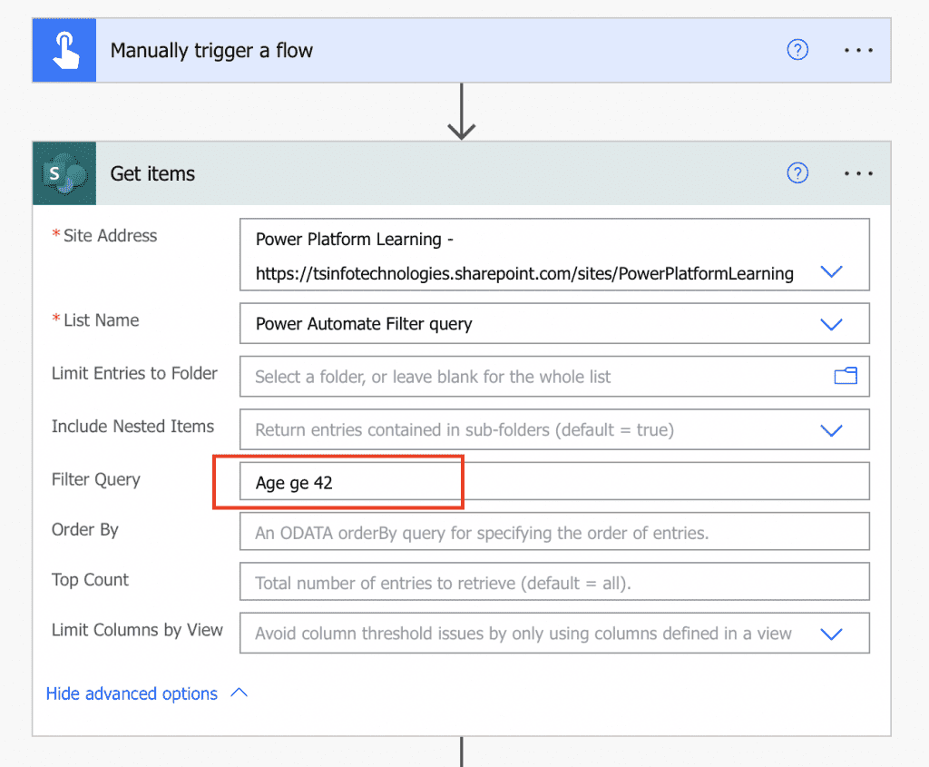 Power automate 0Data filter query greater than or equal