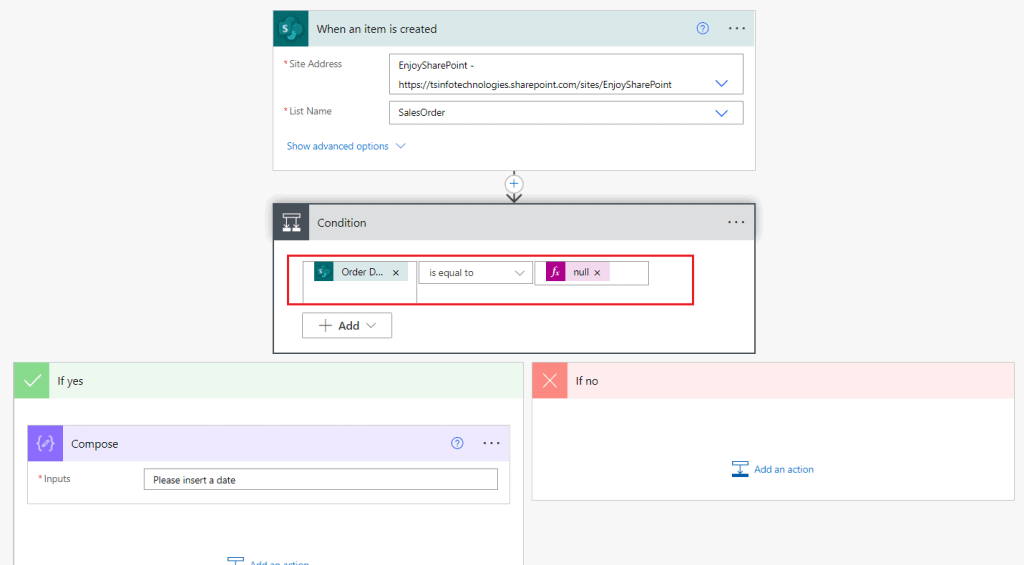 power automate condition if date is blank