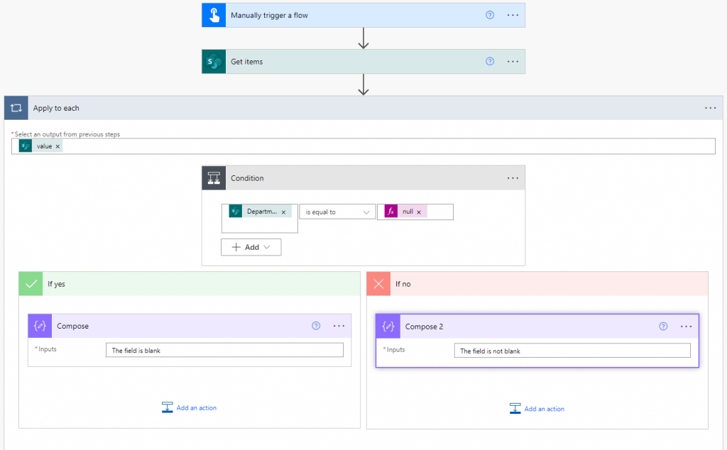 Power Automate condition if the field is blank