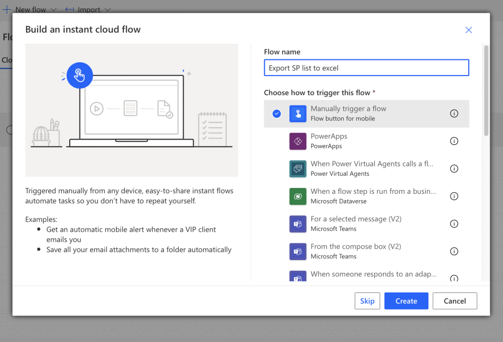 Power Automate export SharePoint to Excel Create Flow