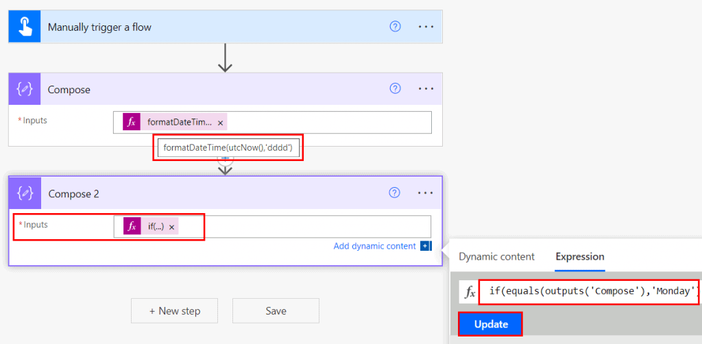 Power Automate expression if today is Monday