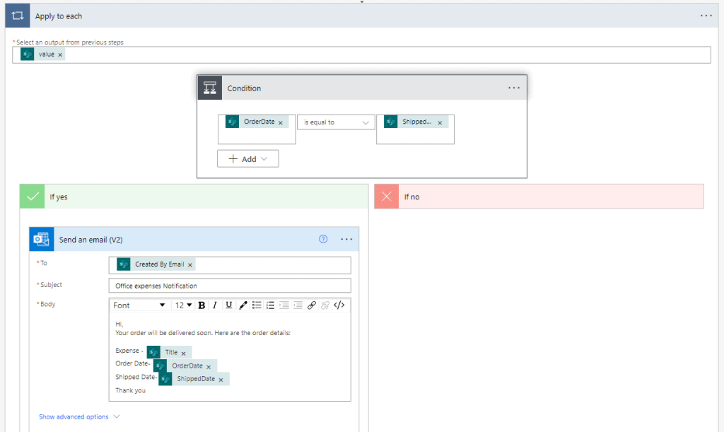 Power automate if a column equals to another