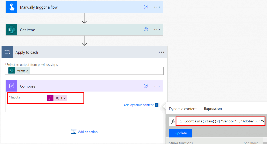 Power Automate IF expression using contains