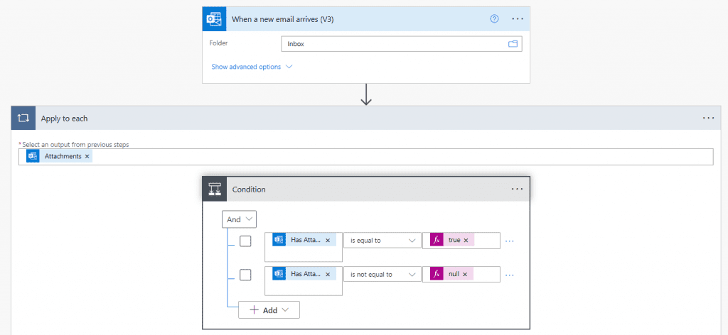 power automate multiple condition has attachment