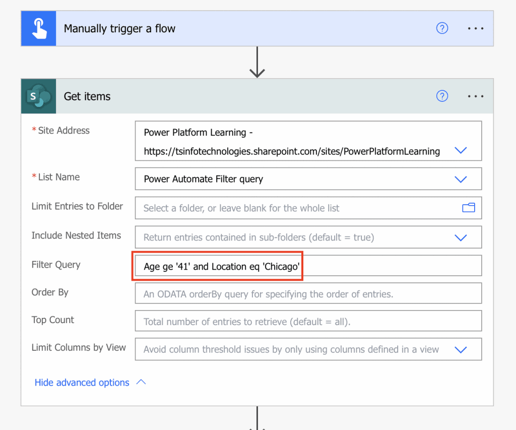 Power Automate OData filter query AND