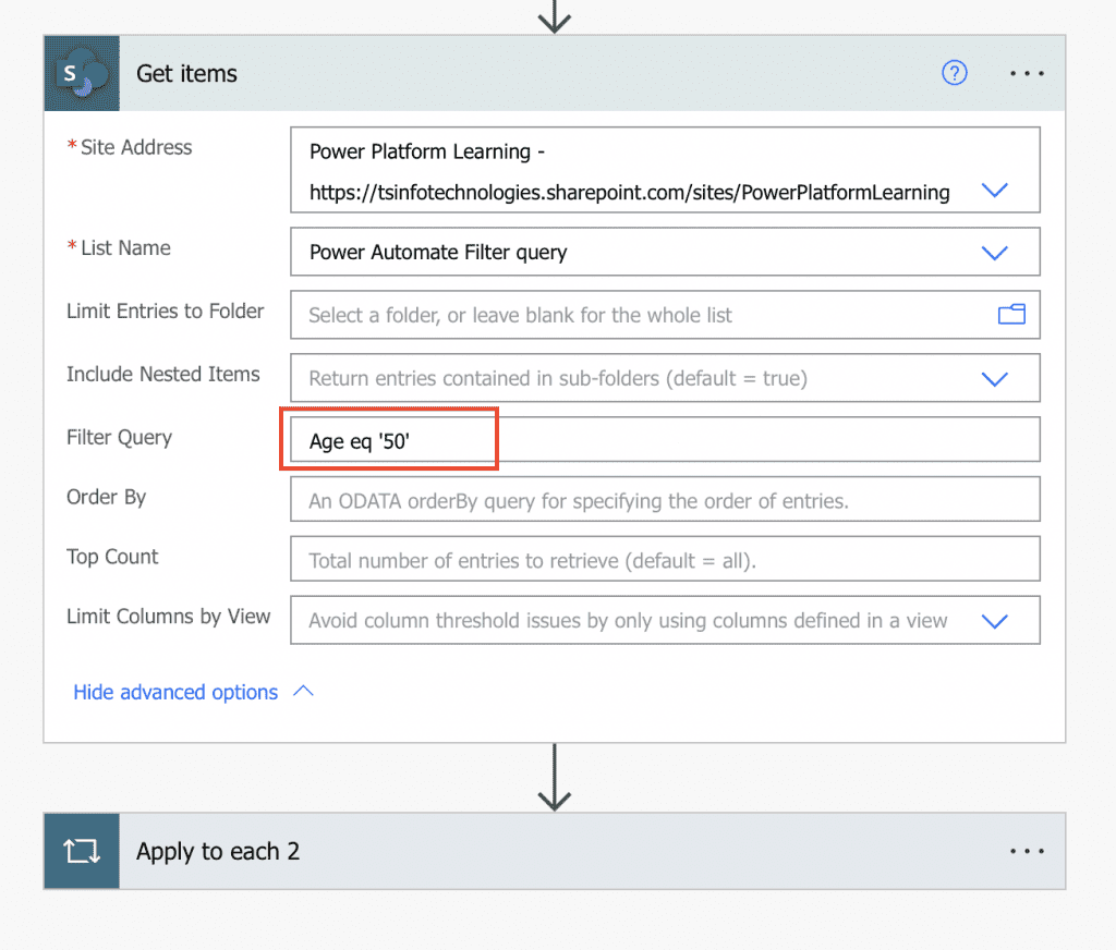 Power Automate OData filter query equal