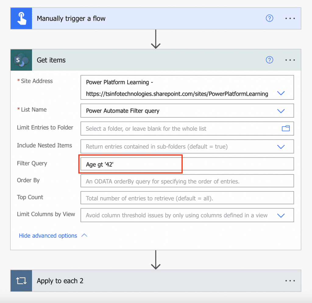 Power Automate OData filter query greater than