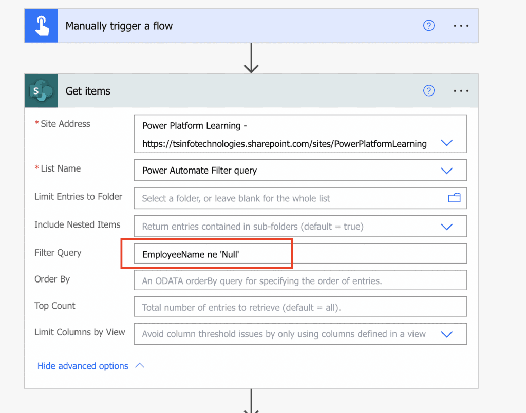 Power Automate OData filter query not null