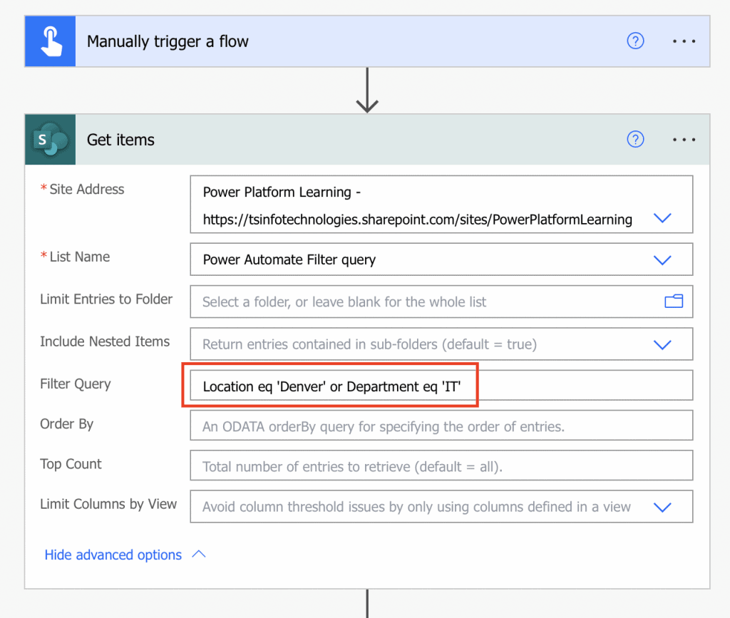 Power Automate OData filter query OR