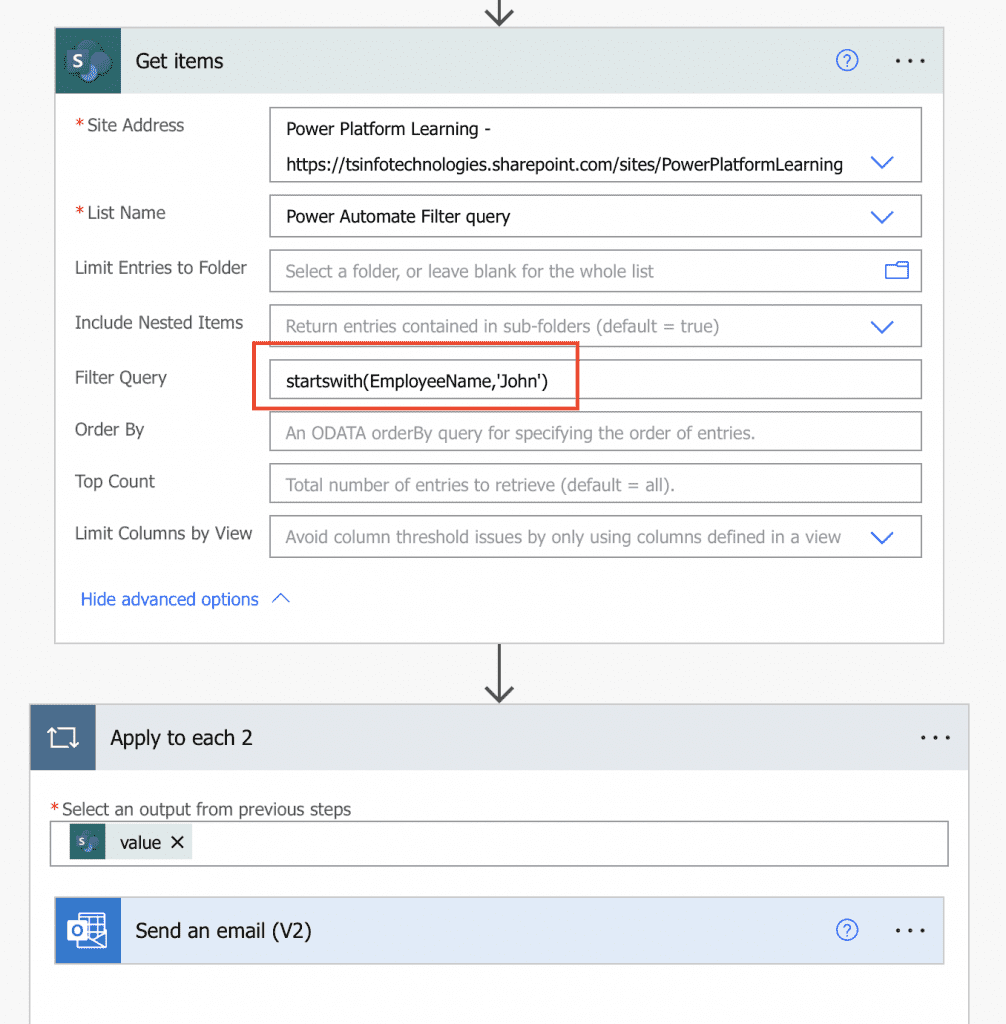 Power Automate Odata filter query startswith