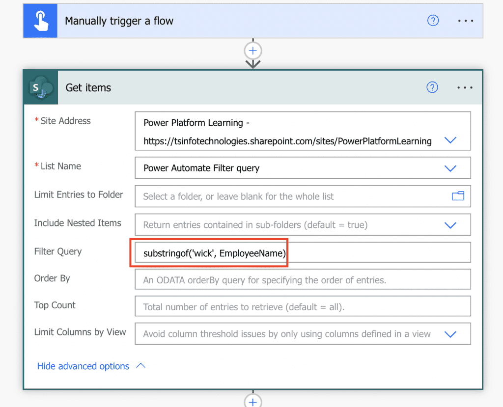 Power Automate OData filter query substringof