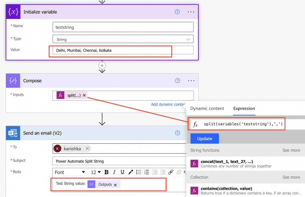 Power Automate split string by comma