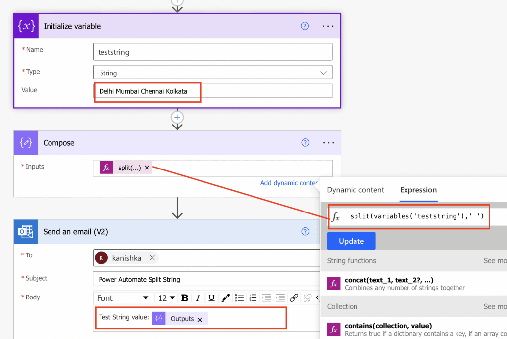 Power Automate split string by space