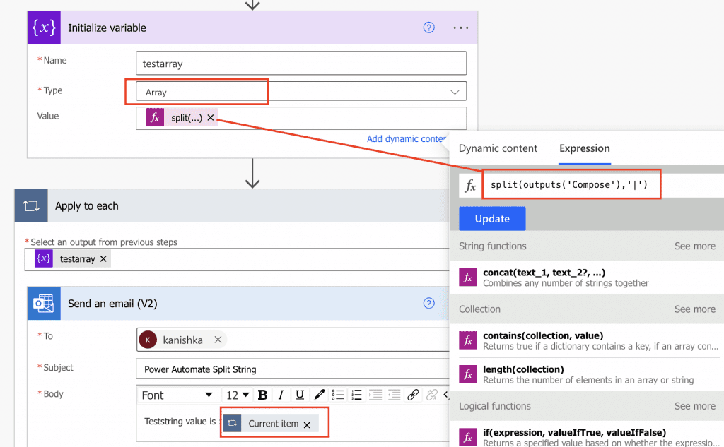 Power Automate split string into array and loop